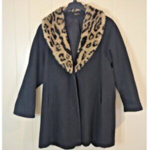 Vintage Worthington Black Coat Sz 14 Leopard Faux Fur Collar Mob Wife Glam